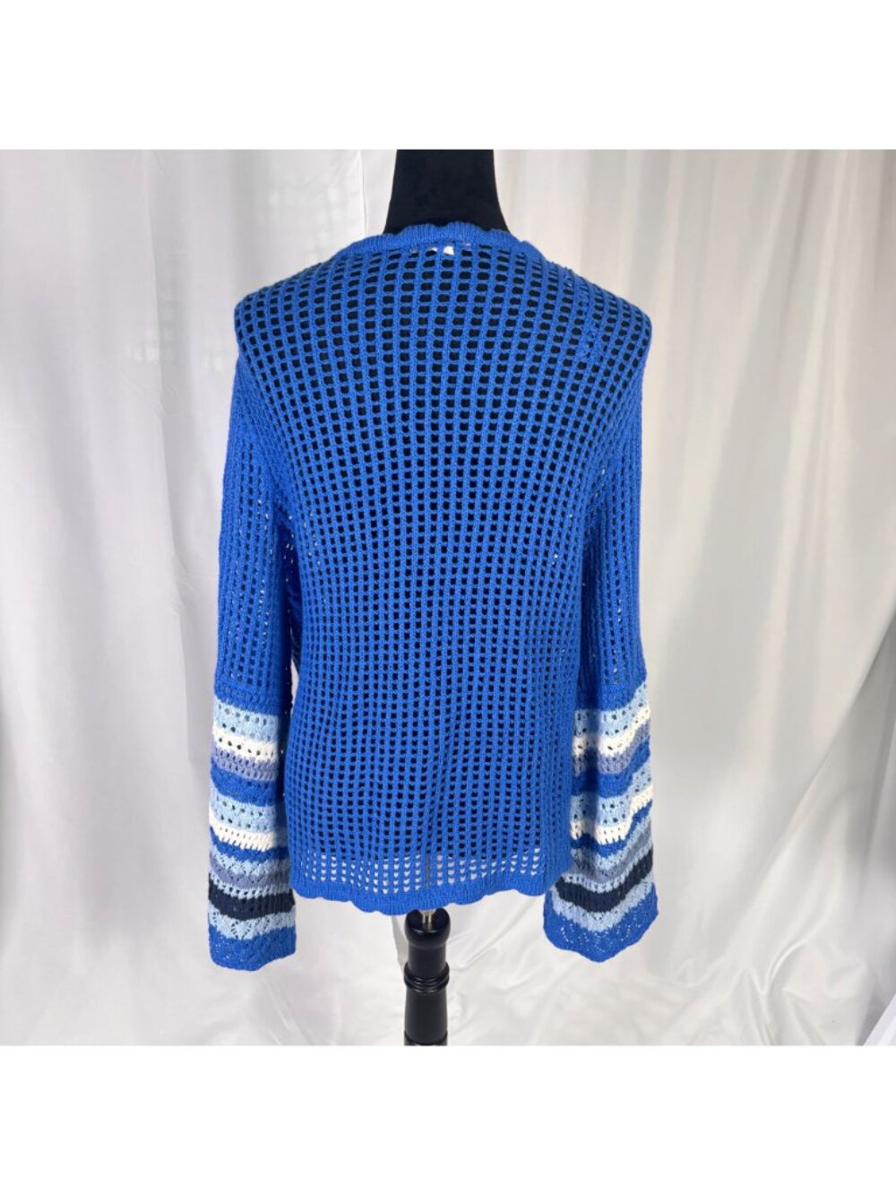 Cato Blue Crochet Cardigan XL Open-Front Boho Bell Sleeve Grandma Core Stripe - Picture 4 of 6